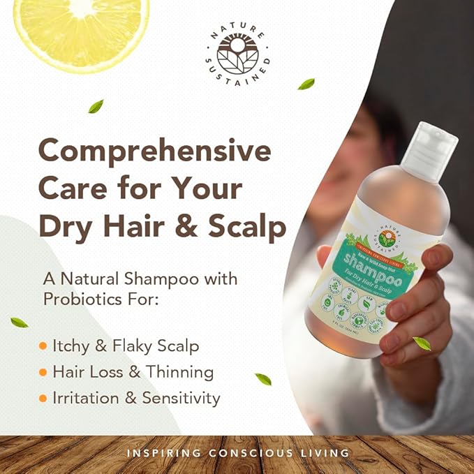 Nature Sustained Natural Shampoo for Dry Hair & Scalp - Organic, Raw & Wildcrafted w/Probiotics, Hypoallergenic, Hydrating Shampoo - 9 Oz