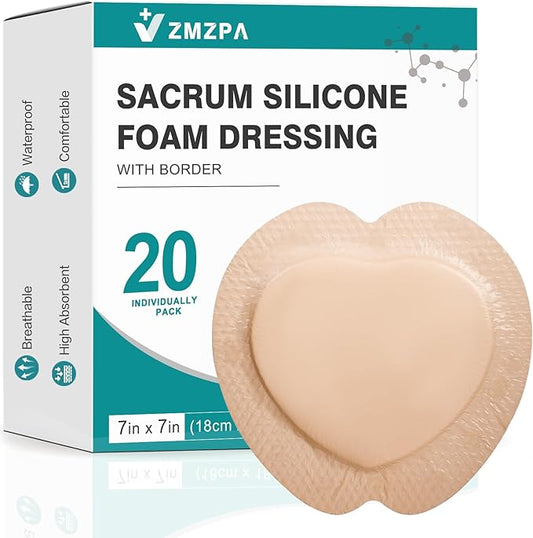 Sacral Foam Dressing, Sacrum Silicone Foam Dressing with Border, 7x7 Large Bandage for Bed Sores On Buttocks, Super Absorbent Pressure Sore Prevention Pads, Waterproof & Breathable Wound Dressing (20)