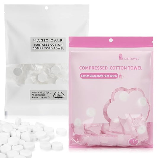 Classycoo 200 PCS Disposable Compressed Towels Tablets- Individually Wrapped Face Towel Travel, Portable Mini Magic Clean Towelettes Daily Single, Camping(Alcohol-Free, Odorless, Pink+White)