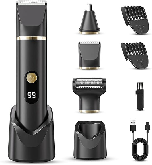 Beard Trimmer for Men, IPX7 Waterproof Body Hair Trimmer Electric Razor Shaver Body Grooming Kit Wet/Dry Use for Groin, Nose, Ear Hairs, Beard, Legs, Chest (Black)