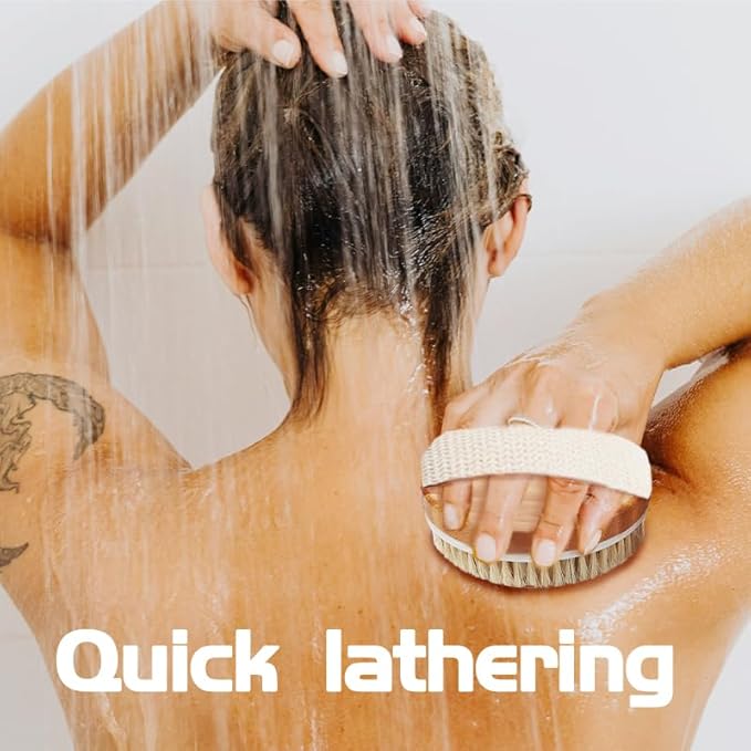 Bamboo Dry Body Brush Back Scrubber for Shower Handheld Bath Massage Brushes with Silicone Nodes Natural Bristle Brushing Exfoliator