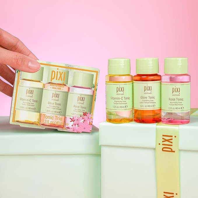 Pixi Beauty Tonic Trio | Holiday Edition Gift Set with 3 Pixi Favorite Tonics | Glow Tonic, Vitamin- C Tonic, Rose Tonic | Calming, Hydrating, Gentle Exfoliating and Smoothing