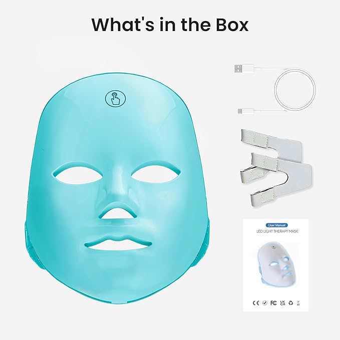 SUERBEATY Red Light Mask For Face, 7-1 Colors Red Light Face Mask, Facial Skincare At Home, Cordless, Portable and Rechargeable, Turkish Blue