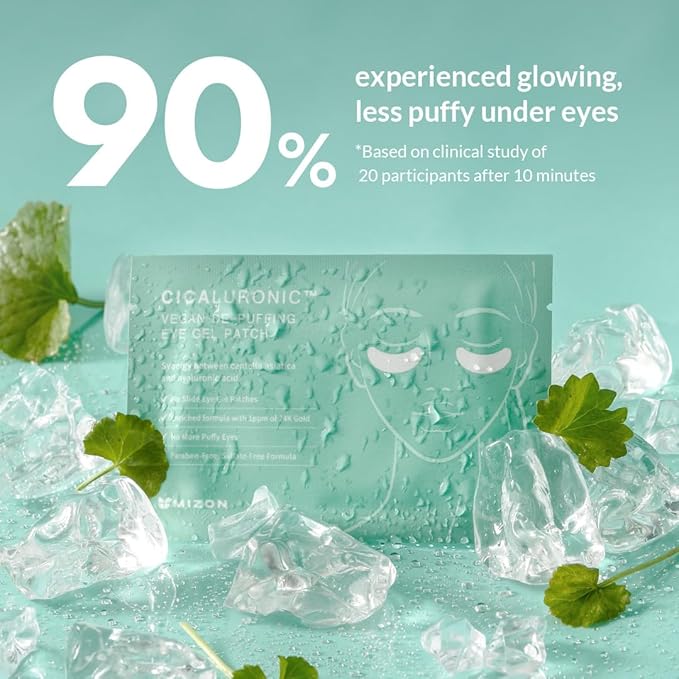 MIZON Cicaluronic Vegan De-puffing Eye Gel Patch, 24K Gold & Cica Under Eye Mask, Reduces Puffy Eyes, Dark Circles and Wrinkles Excellent for on the Go Package (21 pairs)