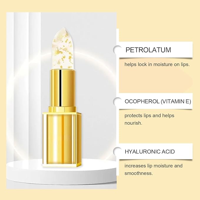 Gold Flake Color Changing Lip Balm - 24H Moisturizing & Hydrating - Vegan Tinted Lip Care - Gently Nourishes, Smooths Lip Lines & Brightens Lips - Sheer Rosy Tint for All Skin Tones, Men & Women