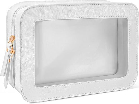 Clear Makeup Bag, Travel Cosmetic Case Toiletry Bag Make up Organizer Skincare Pouch for Women, Car Essentials Bag with Clear Windows (White, Standard)