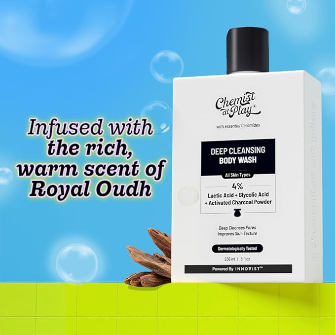 Chemist at Play Deep Cleansing Body Wash| Activated Charcoal Removes Dirt | Lactic Acid for Skin Texture| Glycolic Acid for Exfoliation| 7.9 Fl oz