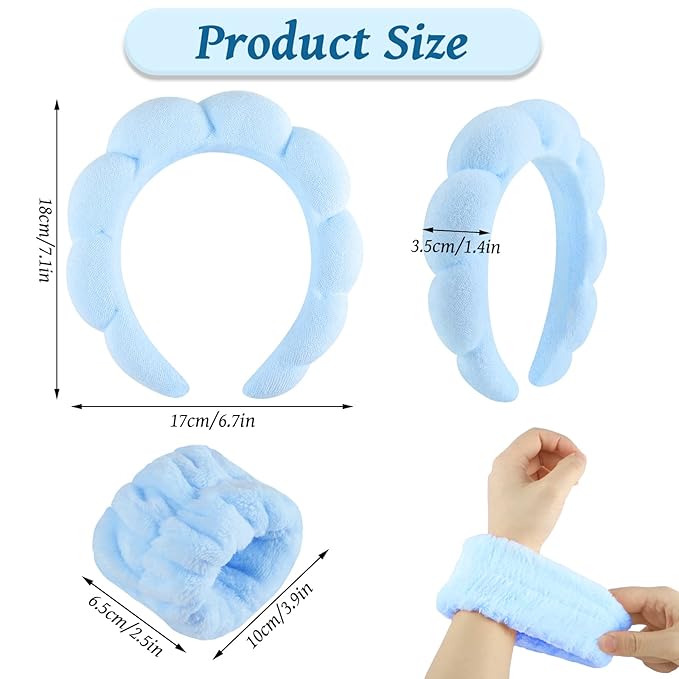 WSICSE Sponge Spa Headband for Washing Face, Blue Skincare Headband and Wrist Washband Set Makeup Hairband for Girls Womens