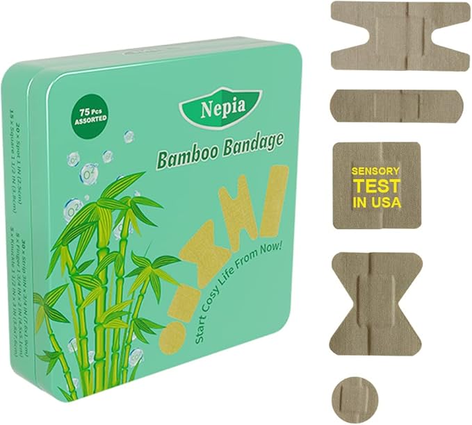 Nepia Hypoallergenic Bamboo Fabric Assorted Shapes Bandages | PFAS Free & Latex Free | Eco Friendly Compostable Bandaids for Sensitive Skin & Scrapes | Flexible Fabric Family Pack (75 Count)