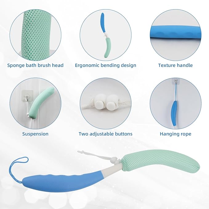 Shower Back Brush with Long Handle, 15.35" Body Brush, Long Handled Sponge Body Exfoliator, Loofah Back Scrubber for Men Women, Aid Bathing