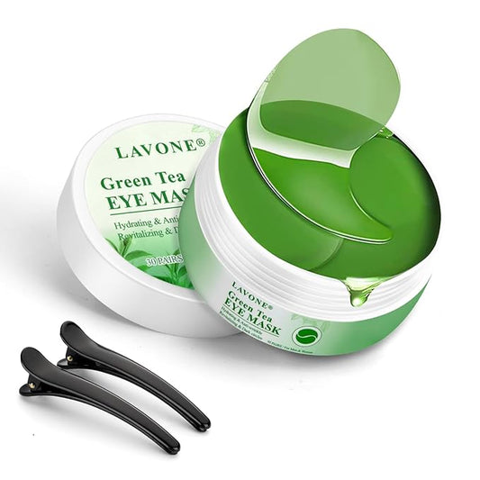 LAVONE Eye Mask - 30 Pairs Green Tea Eye Patches Skin Care Products for Dark Circles and Puffiness, Reduce Wrinkles and Fine Lines, Eye Patches for Women and Man,with Hair Clips