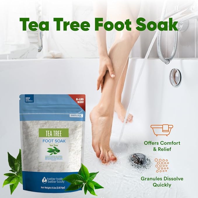 Tea Tree Foot Soak 128 Ounces (8 Lbs) Epsom Salt with Natural Scent Tea Tree and Lavender Pure Essential Oils Plus Vitamin C in BPA Free Pouch with Easy Press Lock Seal Made in USA