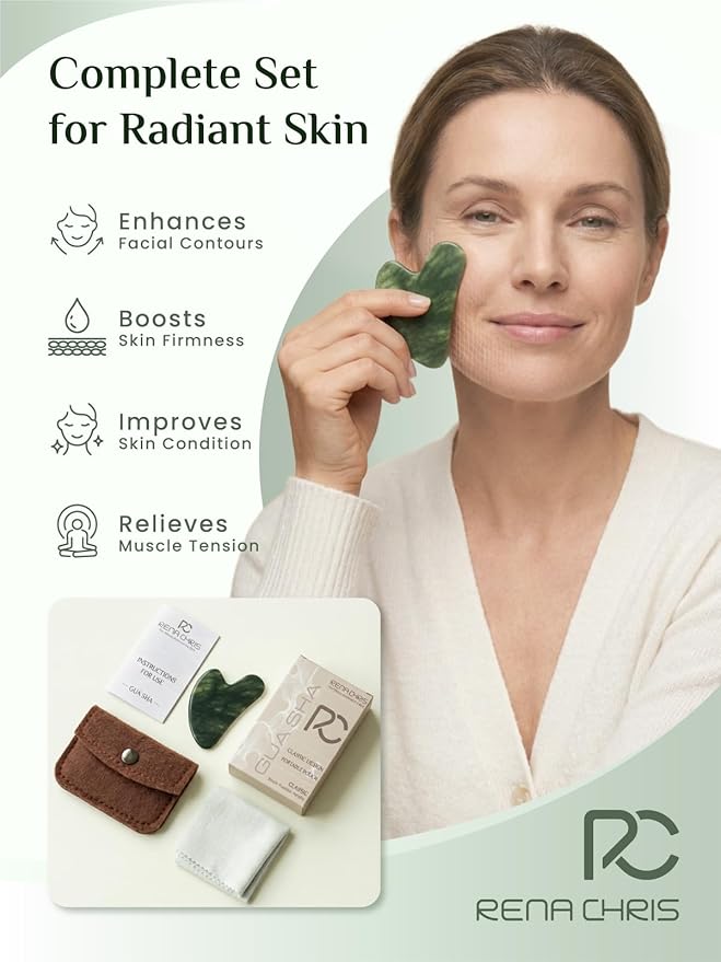 Rena Chris Gua Sha Facial Tools, Natural Jade Stone Guasha Tool for Face Massage - Face Sculpting Tool for Jawline Sculpting, Puffiness Reduction and Skincare Routine with Travel Pouch