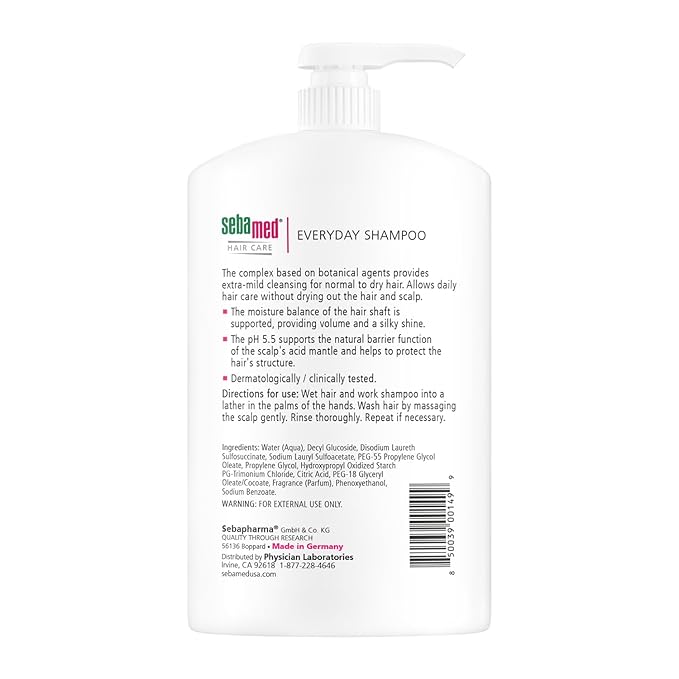 SEBAMED Everyday Shampoo for All Hair Types and Sensitive Scalp 33.8 Fl. Oz (1L) Hypoallergenic Dermatologist Recommended pH 5.5 Soap and Alkali Free