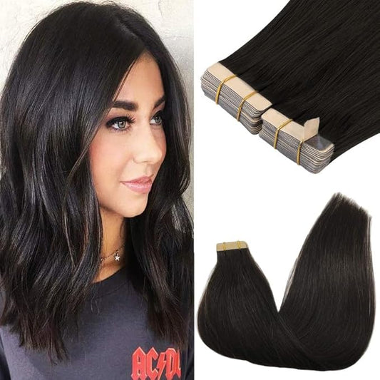 GOO GOO Tape in Hair Extensions Human Hair, 1B Natural black, 24inch 100g 40pcs, Skin Weft Seamless Invisible, Silky Straight with Thick Ends, Remy Human Hair