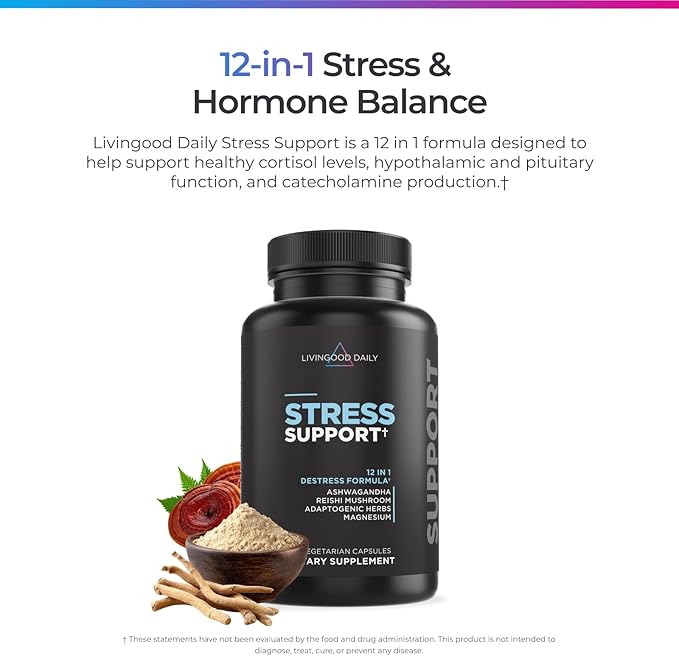 Livingood Daily Stress Support, 12-in-1 Supplement with Ashwagandha, Reishi Mushroom, Vitamin B6, Adaptogenic Herbs & Magnesium, Supports Mood & Calm, Gluten Free, Vegan, 60 Vegetarian Capsules