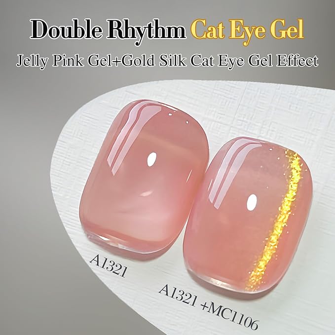 Double Rhythm Jelly Glass Cat Eye Gel Polish with Magnet 15ML Holographic Glitter Shimmer Translucent Sheer Color Magnetic Nail Polish Salon DIY at Home (MC1106)