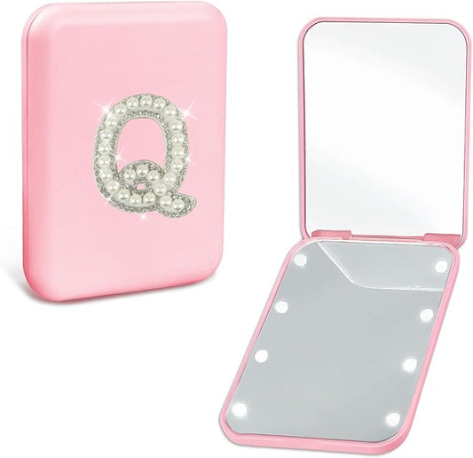 Travel Essentials Accessories LED Mini Makeup Mirror Pearl Initial 1X/2X Magnification Compact Mirror with Lights for Purses, Preppy 2-Sided Pocket Mirror Gifts for Women Teen Girls (Q)