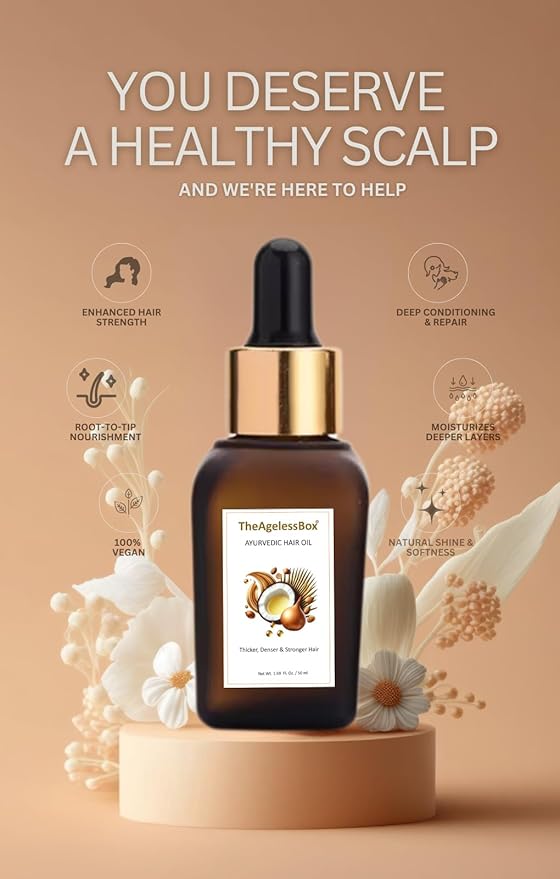 The Ageless Box Ayurvedic Hair Oil Serum – Reduces Hair Fall, Tames Frizz & Curls, Strengthens Roots & Supports Hair Growth – Amla, Argan, Bhringraj & Rosemary Blend – Vegan, Cruelty-Free – 50ml