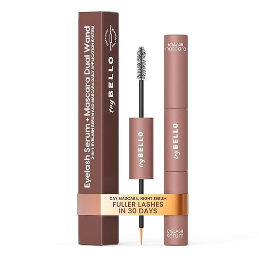 Trybello 2-in-1 Eyelash Growth Serum + Mascara Dual Wand | Natural Lash Growth Booster with Biotin, Peptides & Botanical Extracts | Volumizing, Thickening & Lengthening Formula for Fuller Eyelashes