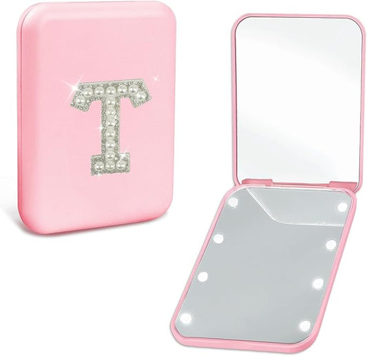 Initial Letter Travel Mirror with Lights Pink 1X/2X Magnification LED Compact Mirror, Small Pocket Mirror Folding Handheld Makeup Mirror Birthday for Women Teen Girls (T)