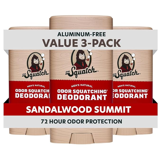 Dr. Squatch Natural Men’s Deodorant – Aluminum Free Natural Deodorant Men with Charcoal & Postbiotics for 72-Hour Odor Protection – Sandalwood Summit, 2.65oz Stick (3-Pack)