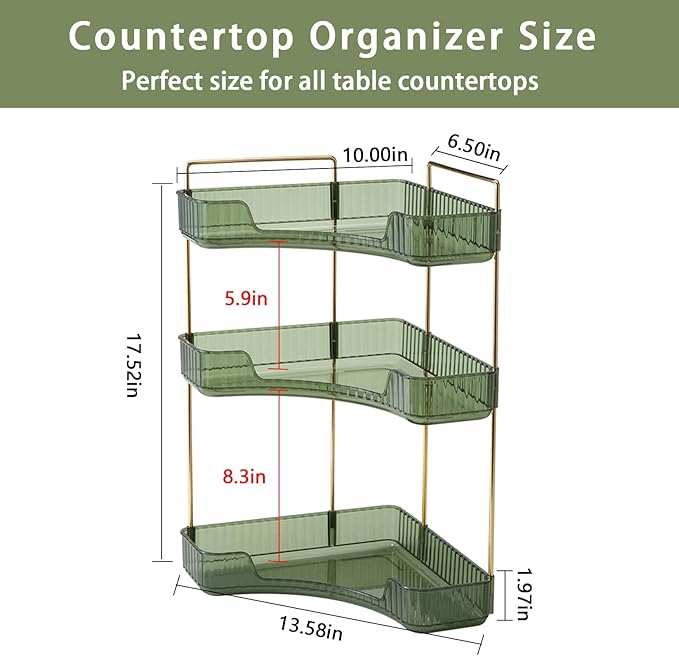 3-Tier Corner Bathroom Counter Organizer – Classic Storage Shelf for Makeup, Perfume & Toiletries, Space-Saving Countertop Tray Fits Bathroom, Dresser, Kitchen (Sage Green)