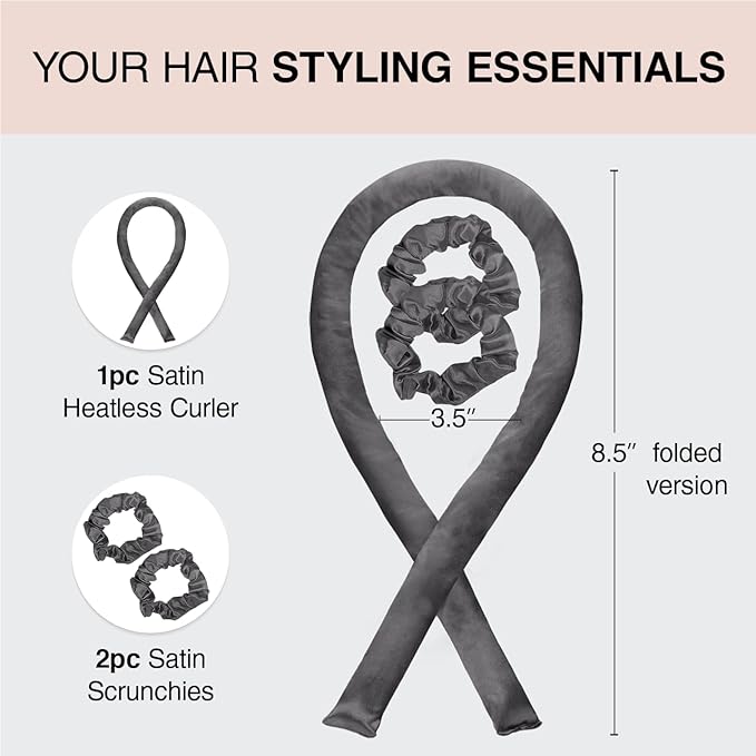 Kitsch Satin Heatless Curling Set – Heatless Curls Overnight with 34" Hair Curler & 2 Satin Scrunchies – Comfortable Hair Curlers to Sleep In for Frizz-Free, No Heat Damage Styling - Charcoal