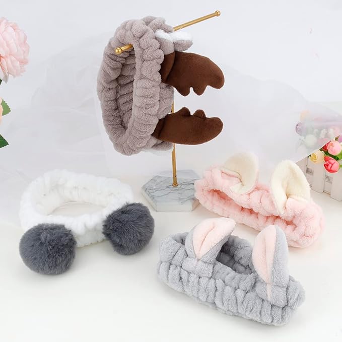 AHONEY Animals Ears Headbands, Cute Makeup Spa Fuzzy Skincare Headband for Washing Face Headband for Women Girls Coral Fleece Elastic Hair Band Cosplay Makeup Party, 4Pcs