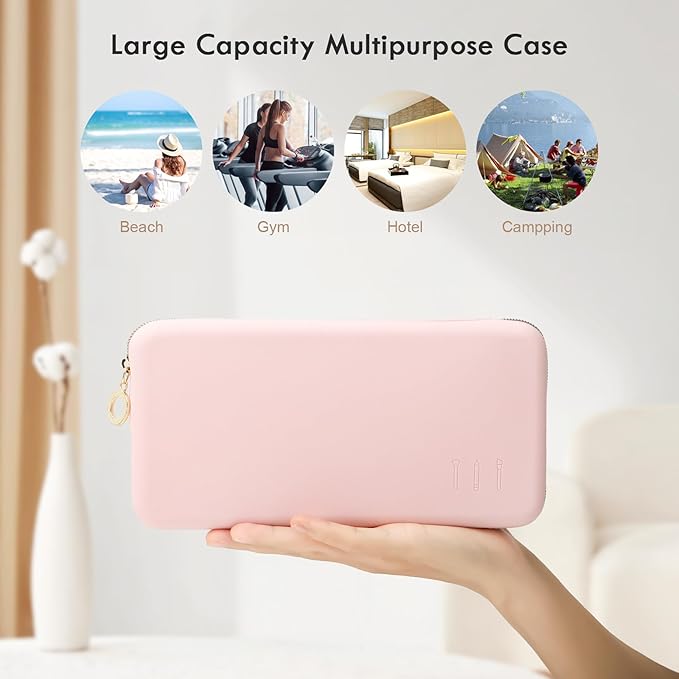 FVION Zipper Makeup Brushes Bag For Travel, Large Silicone Makeup Brush Holder, Make Up Brushes Pouch Case for Makeup Tools - Pink