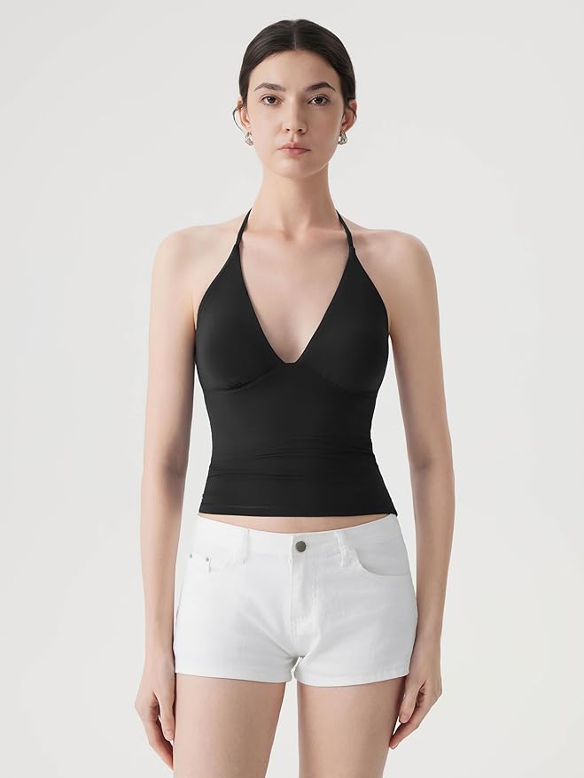 SUUKSESS Women Double Lined Halter Tank Top Summer Padded Going Out Tops Sleeveless Basic Shirts
