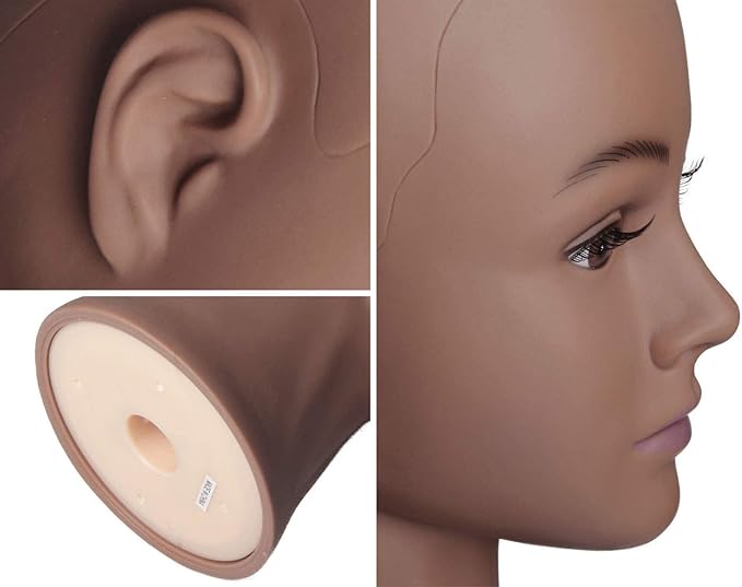 Bald Female Mannequin Head with Eyelash Training Head Wig Head Professional Cosmetology for Wig Making and Display Hat Helmet Glasses or Masks Display Head Model with Free T-Pins (Dark Brown)