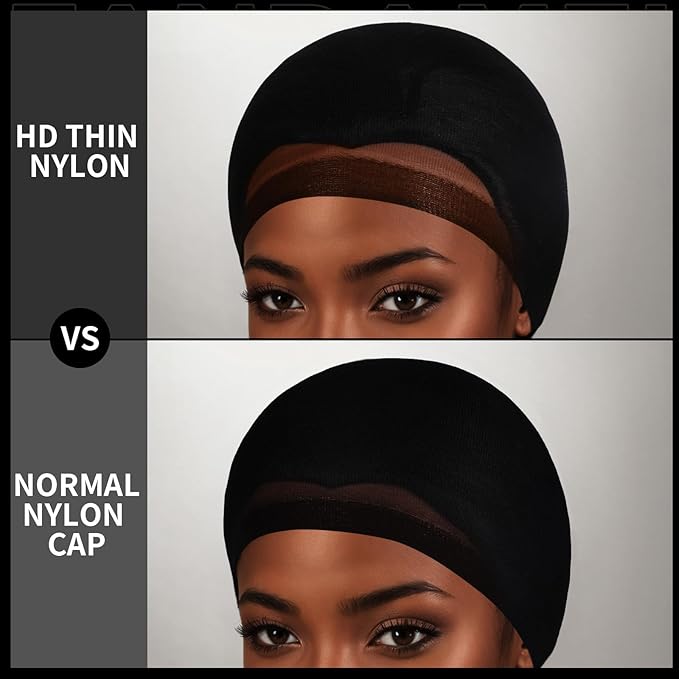 Fandamei HD Wig Caps Super Thin, 4PCS Ultra Thin Black, Nylon Wig Cap for Women Stretchy, Natural Transparent HD Wig Caps for Lace Front Wigs. Summer Wear Comfortable Wig Cap(Black)