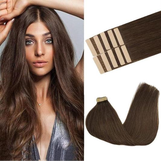 GOO GOO Tape in Hair Extensions Human Hair, 4A Chocolate Brown, 20inch 30g 10pcs, Skin Weft Seamless Invisible, Silky Straight with Thick Ends, Remy Human Hair