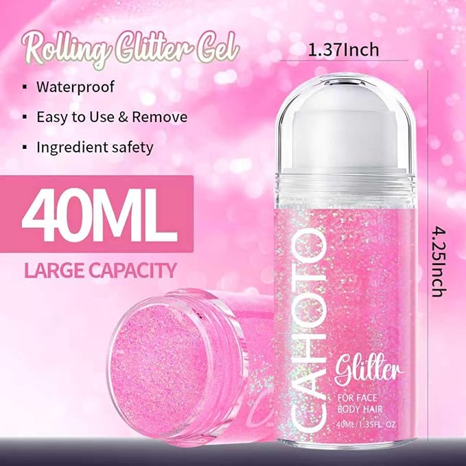 CAHOTO Flamingo Rolling Glitter for Face Body & Hair, Sparkling Holographic Chunky Shimmer, Roll-on Sequins for Singer Concert Rave Festival Halloween Party Carnival, 1.35fl.oz