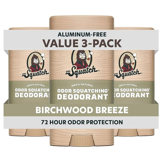 Dr. Squatch Natural Men’s Deodorant – Aluminum Free Natural Deodorant Men with Charcoal & Postbiotics for 72-Hour Odor Protection – Birchwood Breeze, 2.65oz Stick (3-Pack)