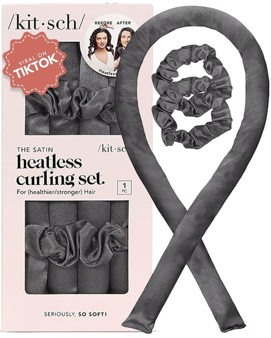 Kitsch Satin Heatless Curling Set – Heatless Curls Overnight with 34" Hair Curler & 2 Satin Scrunchies – Comfortable Hair Curlers to Sleep In for Frizz-Free, No Heat Damage Styling - Charcoal