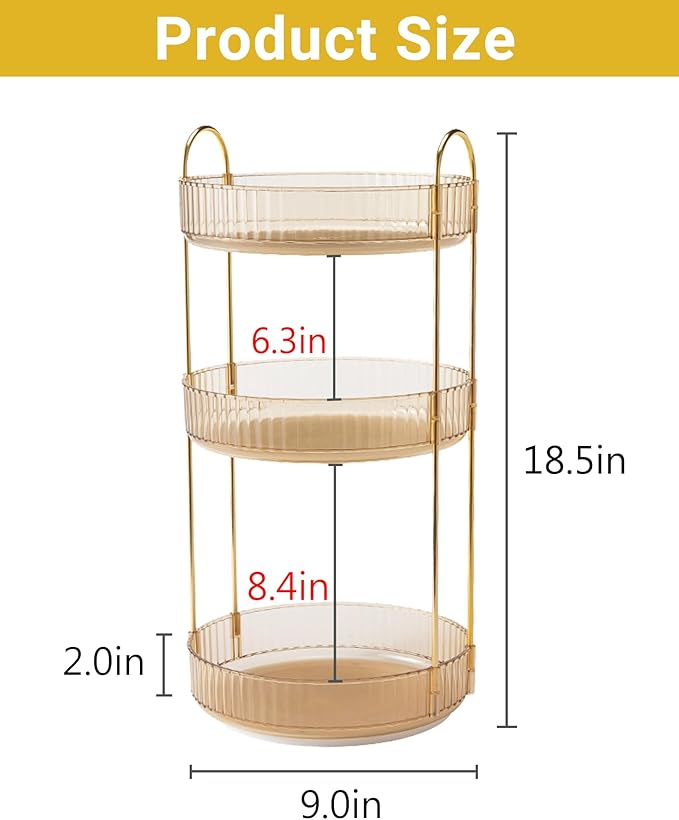 360 Rotating Makeup Organizer for Vanity,3 Tier Large Capacity Vanity Storage,Skincare Perfume Spinning Organizer,Bathroom Cosmetics Storage Makeup Stand Organizer (Gold-3 Tier)
