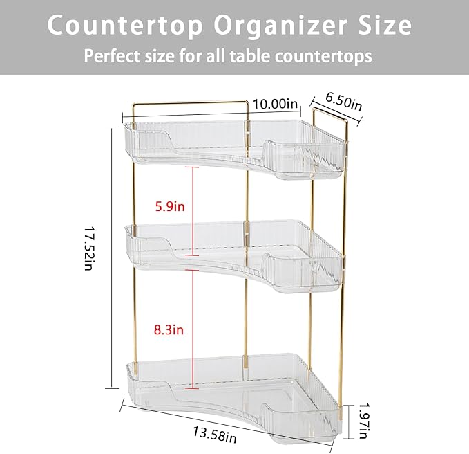 3-Tier Corner Bathroom Counter Organizer – Storage Shelf for Makeup, Perfume & Skincare, Space-Saving Countertop Tray Fits Bathroom, Dresser, Kitchen (White)