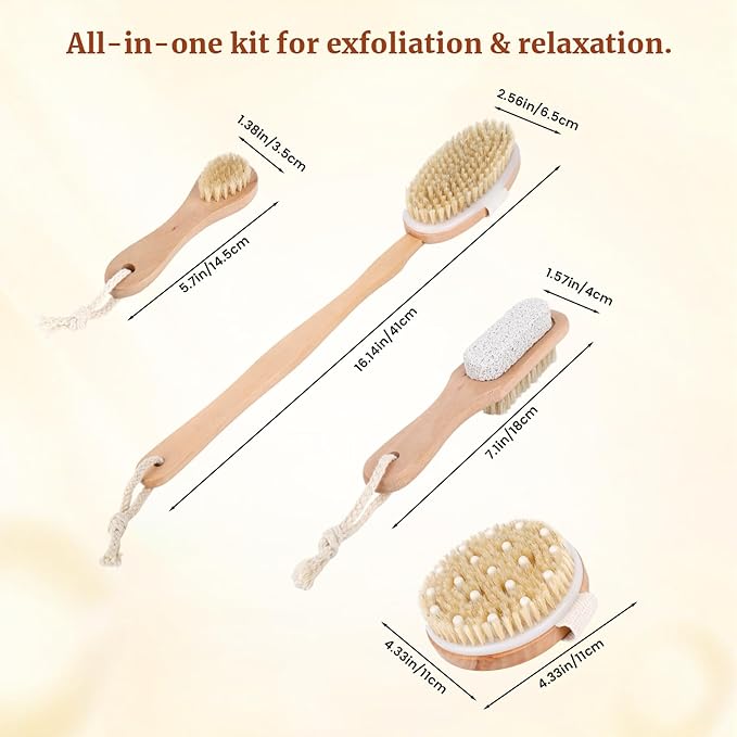 Dry Brush Set-4 Packs Natural Boar Bristle Dry Brushing Body Brush Exfoliating Face, Foot, Bath Brush for Face and Body for Cellulite Lymphatic Drainage(Set B)