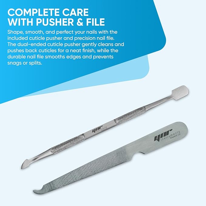 YNR Professional Stainless Steel Double End Cuticle Pusher + Cuticle Nippers Duo + Nail File Professional Manicure Pedicure Nail Cleaner Gel Polish Remover Prep Cutters Remove Dead Skin (3-in1)