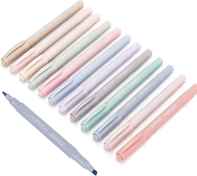 ZEYAR Cute Highlighters With Dual Tips, Cream Colors, Chisel and Bullet Tips, Aesthetic Marker, No Bleed Dry Fast Easy to Hold (12 Colors)