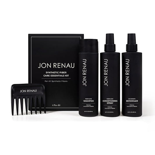 Jon Renau Synthetic Fiber Care Kit, Shampoo and Leave In Conditioner for Synthetic Wigs and Hair Extensions, Detangler Spray with Wide Tooth Comb, 4 Piece Set
