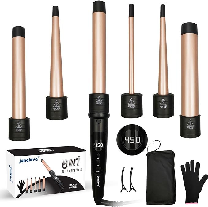 6 in 1 Hair Wand Curling Iron - Janelove 180-450℉ Long-Lasting Ceramic Hair Curlers, 0.35 to 1.25 inch Curling Wand Set for All Women, 110-220V Hair Waver with LCD- Gold