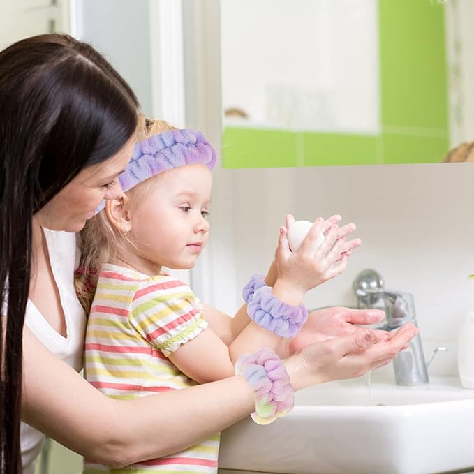 Face Wash Headband and Microfiber Wristband Set - Wrist Towels with Holder for Washing, Absorbent Spa Scrunchies