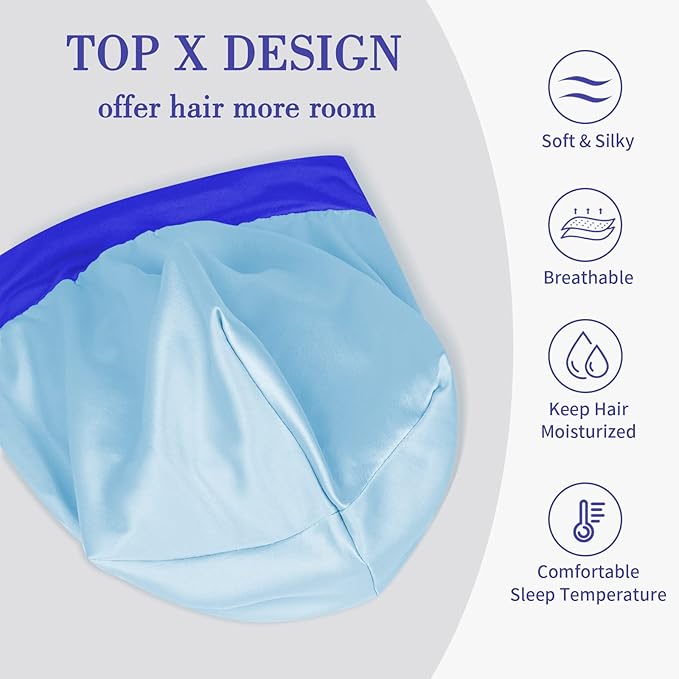 Fittia Satin Hair Bonnet for Sleeping, Silky No Frizzy for Curls Care, Adjustable Strap for Non-Slip, Dreadlocks Cap for Women&Men Dark Blue