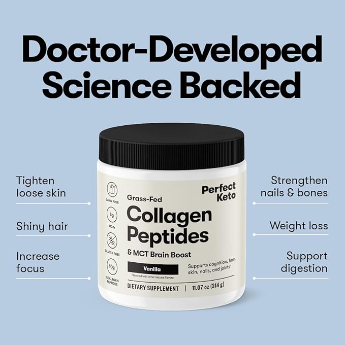 Perfect Keto Collagen Peptides Protein Powder with MCT Oil, Grass Fed, Hydrolyzed Collagen, Type I & III Supplement, Keto Coffee Creamer, Vanilla