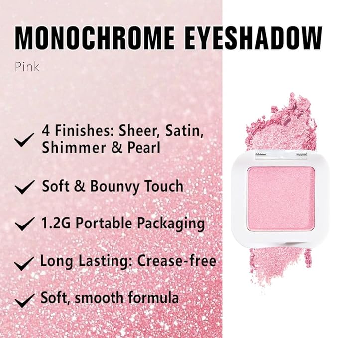 Shimmer Singe Eye Shadow Palette Makeup, Pink Sparkle Shimmer Monochrome Eyeshadow For Older Women, Mini Pressed Pigmented Waterproof Sombras Para Ojos, Vegan, Talc, Paraben & Cruelty Free