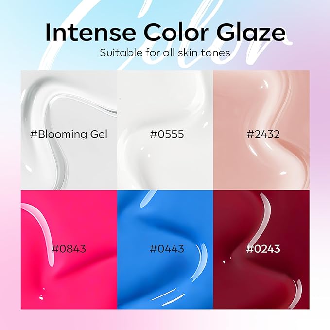 modelones Gel Nail Polish Set -6 Colors Hot Pink Blue Milky White Clear Blooming Gel Polish Burgundy Nude French Jelly Nail Gel Polish Mani DIY Gift with Mini Golden Beads & Nail Dotting-Liner Brush