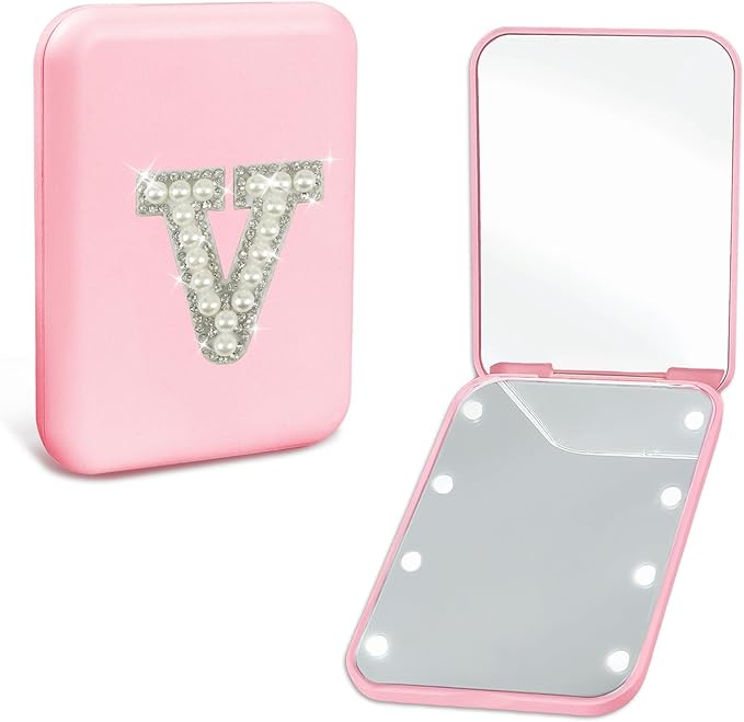 Personalized Pocket Mirror with Lights Travel Accessories Cute Pink 2-Sided LED Makeup Mirror with Magnification, Preppy Pearl Initial Small Portable Folding Compact Mirror for Purse (V)